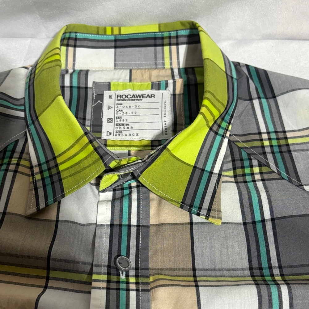 Rocawear Green Plaid Short Sleeve Button Up Shirts Men Size 2X,  Y2K Streetwear